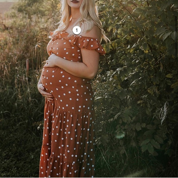 PinkBlush Rust Polka Dot maternity maxi dress tiered ruffle off shoulder - Picture 1 of 13